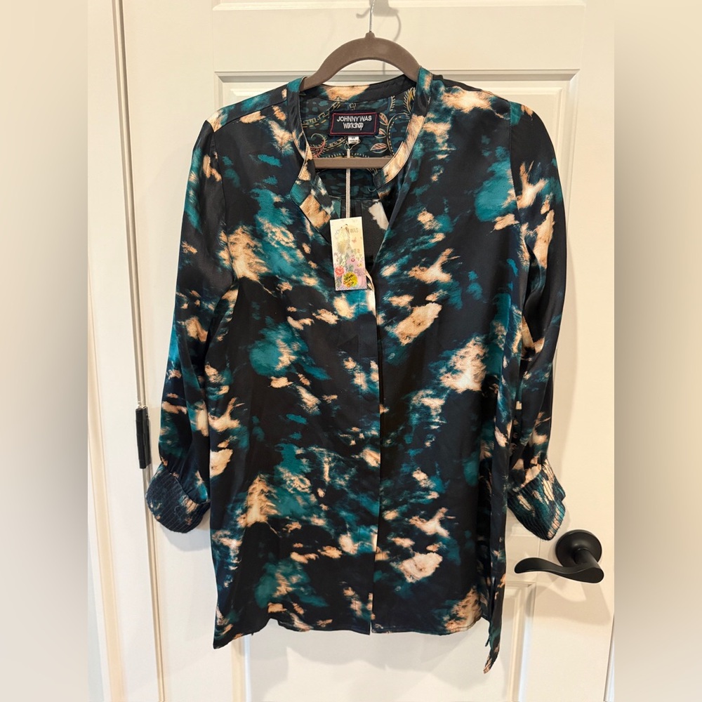 Johnny Was Teal Black and Cream Abstract Blouse